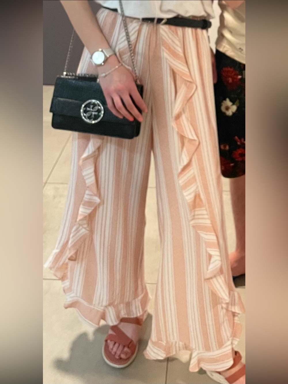 Green Envelope Blush Pink & White Striped Ruffle Wide-Leg Pants